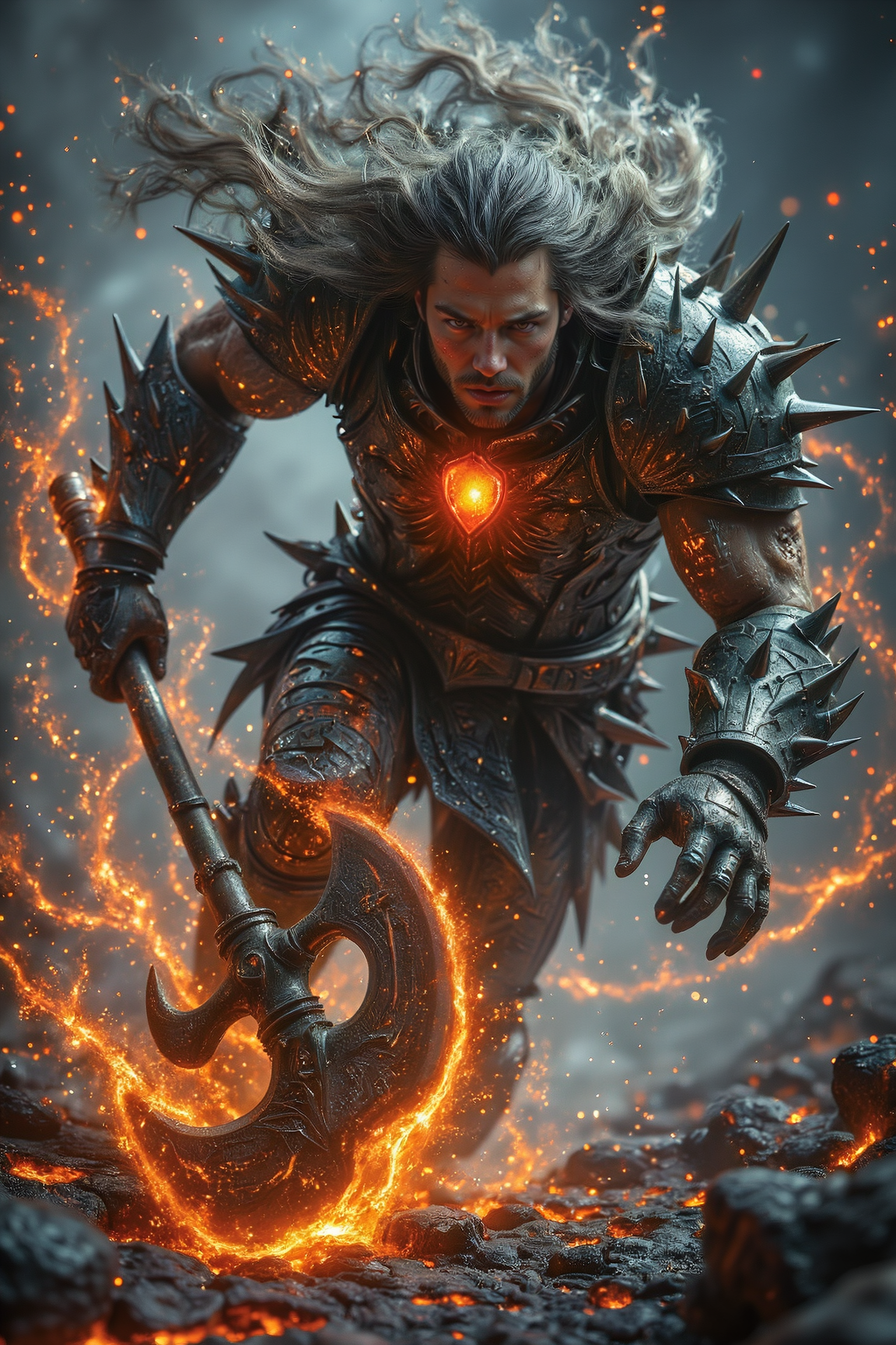 In warrior's hands, he grips a massive, intimidating battle axe, its dark metal blade infused with glowing red runes and surrounded by swirling embers and flames. The handle of the axe is adorned with jagged spikes, and the axe itself appears to be forged in the depths of hell, emanating a dark, malevolent power. The warrior swings the axe with deadly precision, its weight and force adding to the intensity of his forward motion.
<lora:Aura_Flux:0.5>
<lora:ImageUpgraderV2:0.6> detailmaximizer
<lora:midjourney_whisper_flux_lora_v01:0.85> Midjourney_Whisper,