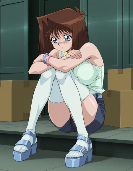anime artwork amazing quality,very aesthetic,absurdres,best quality,newest,masterpiece,4k resolution,official anime artwork,screencap,anime screencap,2000s \(style\),yu-gi-oh! duel monsters,anime coloring,retro artstyle,<lora:anime_screencap:1>,1girl,solo,mazaki anzu,brown hair,blue eyes,huge breasts,yu-gi-oh! duel monsters,curvy,thick thighs,light green sleeveless buttoned shirt with yellow collar,pink and blue bracelets,navy shorts with a light blue belt,white thighhighs,pink and blue bracelets,blue platform sandals,<lora:breasts_size_slider_illustrious_goofy:1.5>,5 fingers,warehouses,boxes,looking sad,sitting,holding knees with arms,<lora:Anzu_Mazaki_YGO_Duel_Monsters-000006:1>,IllusP0s,highly detailed,lazypos,lazynsfw,