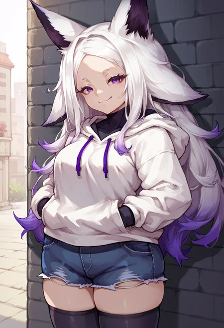 score_9, score_8_up, source_anime, 1girl, solo, DyaRikkuDefault, purple eyes, white hair, gradient hair, animal ears, long hair, white hoodie, denim shorts, black thighhighs, skindentation, hands in pockets, outdoors, smile, smug, <lora:ChamDyarikkuPonyXL:1>