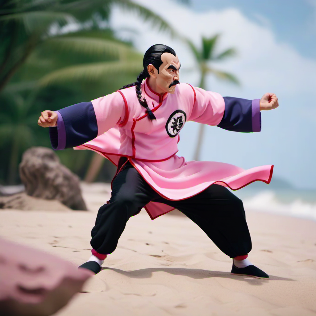 cinematic photo full body portrait 1boy, mustache, solo, single braid, black hair, pink and purple chinese clothes, facial hair, fighting stance, beach, jungle<lora:TaoPaiPai1024:0.8> . 35mm photograph, film, bokeh, professional, 4k, highly detailed