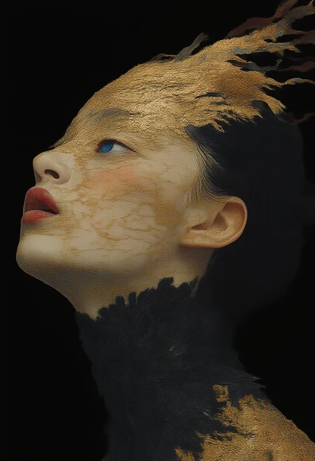 A surreal portrait of a Korean woman with a striking, almost otherworldly appearance. She is captured in a three-quarter view, with her face and shoulders prominently displayed against a pitch-black background. Her skin is pale, and her facial features are finely sculpted with sharp, defined contours. She has dark, wavy hair that is pulled back, allowing the focus to remain on her face. Her eyes are a striking, intense blue, and she wears an elaborate, golden veil that covers her entire face except for her lips, which are painted a muted pink. The veil is intricately designed with a delicate, feather-like texture that radiates outward from her face, creating a dramatic and ethereal effect. The feathers are a mix of gold and bronze, adding a luxurious and almost regal aura to her appearance. She is adorned with a high collar made of dark, fluffy feathers, which adds to the exotic and fantastical nature of the image. The textures in the feathers are meticulously rendered, with each individual feather's details visible, enhancing the realism of the artwork. The overall composition is both elegant and mysterious, evoking a sense of ancient mythology or fantasy. shanshui, gongbihua, vantablack