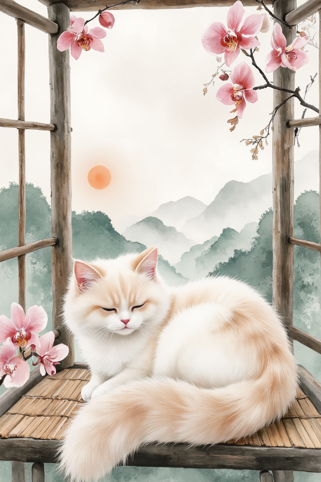 <lora:f1-cat-chinese:0.8>, Create a watercolor painting showcasing a Persian cat with long, snowy white fur, rendered with layered, translucent watercolor brushstrokes that capture its fluffy, cloud-like coat. The cat is curled into a tight ball, tail wrapped around its body, sleeping peacefully on a woven mat, its amber eyes hidden in slumber. It occupies roughly one-third of the composition within a bamboo pavilion overlooking a misty valley. Sparse orchids in soft pink adorn the foreground. The background employs a Chinese ink-wash style with vibrant yet restrained strokes of jade green and charcoal, illustrating rolling hills and a faint sunrise, with significant negative space for a meditative, elegant composition. The scene captures a dreamy, early summer dawn.âââ