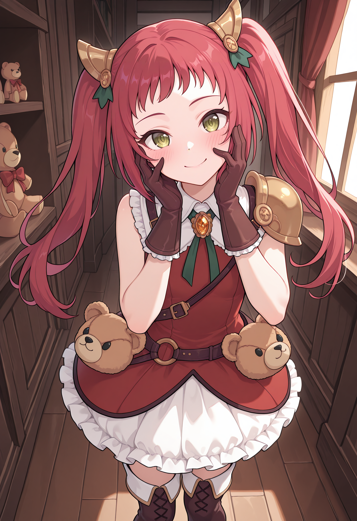 highres, best quality, masterpiece, indoors,
1girl, solo, pcrayane, twintails, red hair, long hair, green eyes,
payndef, hair ornament, red dress, collared dress, sleeveless dress, white collar, brooch, green ribbon, lanyard, teddy bear pendant, single pauldron, shoulder armor, brown gloves, bear bag, waist bag, white skirt, frills, thigh boots,
looking at viewer, blush, smile,
standing, hands on own face, 
head tilt,
<lora:_ayane_pcr-elesico-ilxlA-000014:1>