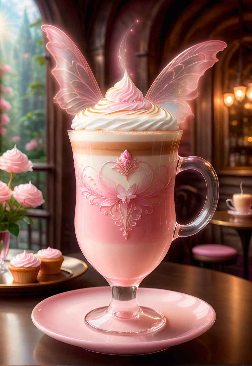 a magical fairy latte, in a transparent pink-tinted glass, high quality, inside of a fairy cafe, 8k, concept art, elegant <lora:FaeTastic2:0.6>