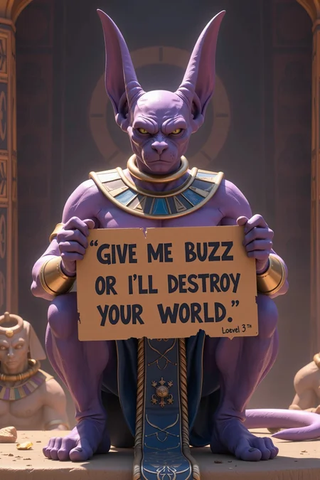 DV_Bills sphinx, lord beerus holding a sign saying “ give me buzz or I’ll destroy your world”