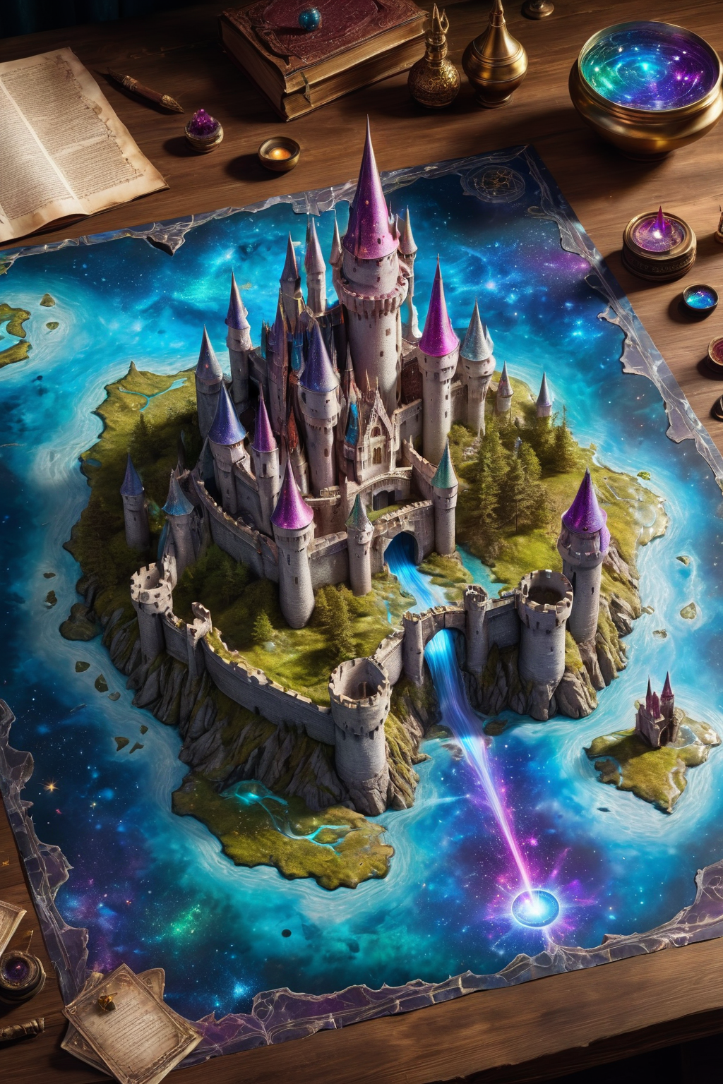 top view of a holographic magical castle map, torn and worn, map looks to be floating off the paper, sitting on a wizard's desk, magical multicolored ink, high quality, imagination, 8k, fantasy art, vivid magical colors