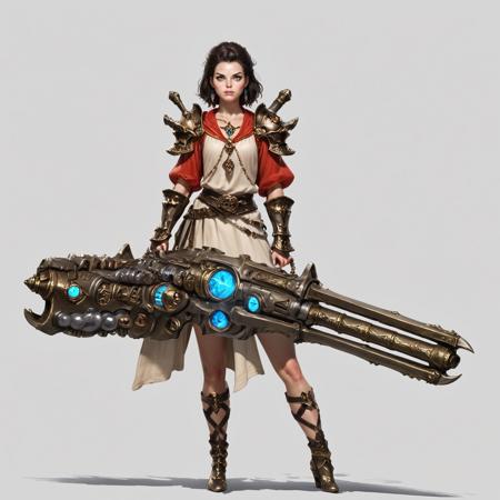 score_9, score_8_up, score_7_up, rating_safe, concept art, semi-realistic, 1girl, solo, 
Young beautiful face, fit body, 
HHWeapon, Holding weapon, ((Huge weapon)),
Holding weapon with two hands.
Fantasy gun. 
Simple background.