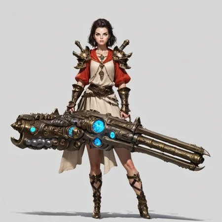 score_9, score_8_up, score_7_up, rating_safe, concept art, semi-realistic, 1girl, solo,
Young beautiful face, fit body,
HHWeapon, Holding weapon, ((Huge weapon)),
Holding weapon with two hands.
Fantasy gun.
Simple background.