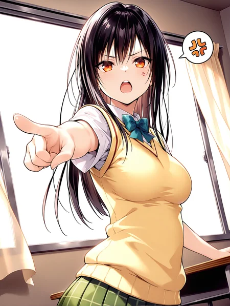 masterpiece,best quality,newest,
1girl,solo,
<lora:kotegawa_yui_ilxl_v1.5:1>,yui,black hair,long hair,orange eyes,y_clothes,short sleeve blouse,sweater vest,green plaid skirt,<lora:Fixhands_anime_bdsqlsz_V1:1>,looking_at_viewer,upper_body,face_focus,dynamic_angle,cinematic_angle,serious,glaring,cocked eyebrow,reaching,(pointing:1.2),pov,curtains,desk,open mouth,upper_teeth,spoken anger vein,simple_background,