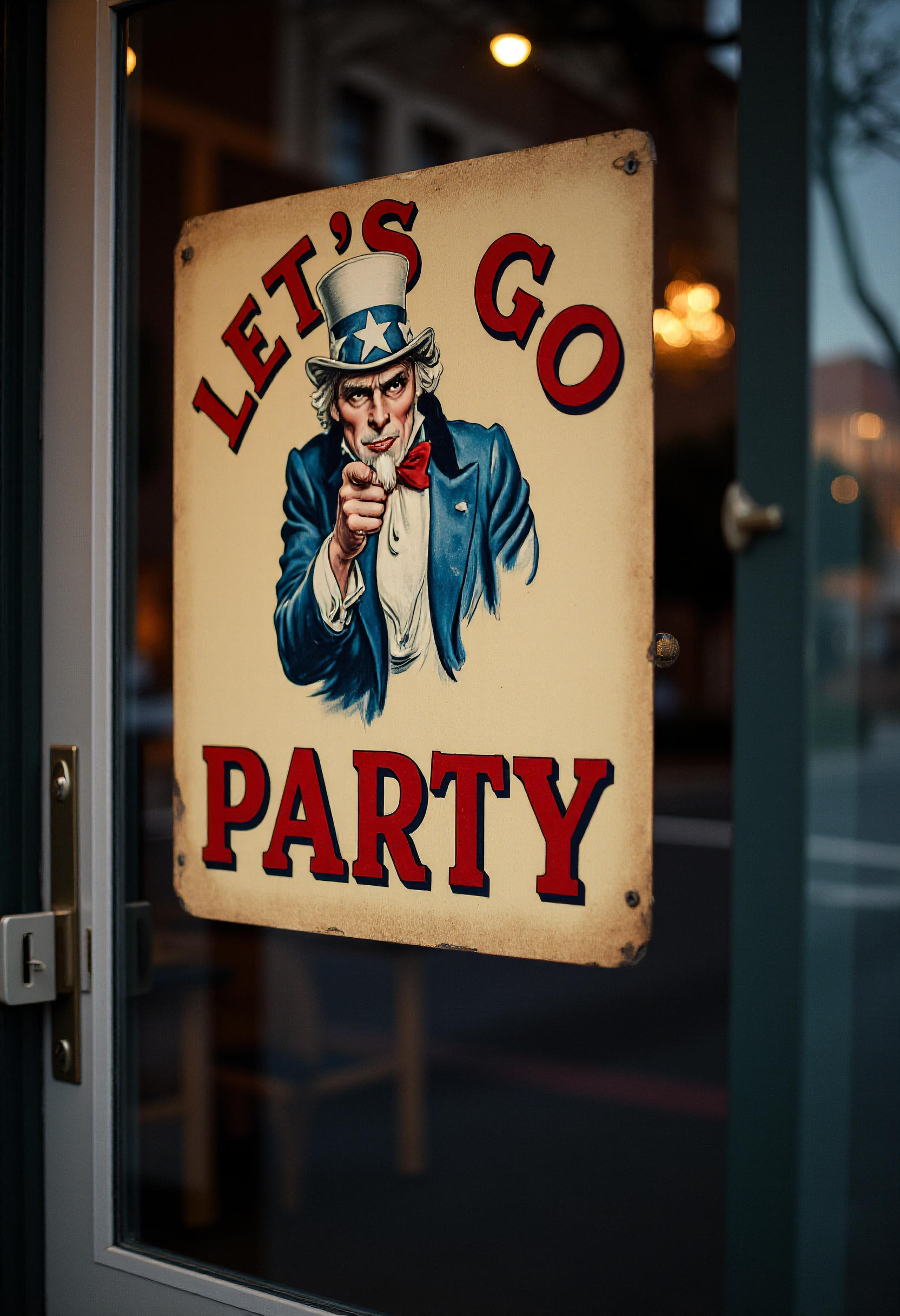 A vintage sign "LET'S GO PARTY" featuring an illustration of a Uncle Sam, it is mounted on the glass door of a bar. Close-up. <lora:vintage-sign-000006:1>,  <lora:james-montgomery-flagg-flux1-dev-v1:1>