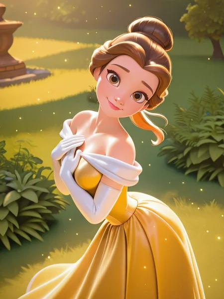 highres, hi res, best quality, masterpiece, cute,
1girl, medium breasts, (BelleXL:1.1), bow, brown hair, brown eyes, yellow dress, off-shoulder dress, white shirt, long dress, elbow gloves, jewelry, ponytail, single hair bun, lipstick, floating hair, makeup, 
light smile, dutch angle, sexy pose, happy, looking at viewer, standing, garden, grass, vegetation, own hands together, hands on chest, daylight, outdoors, dynamic pose, cowboy shot, head tilt, light particles, from side, from above,
 <lora:Belle-IL:0.75>  <lora:DisneyStudios_style-12IL:1>, DisneyStudioXL,,, cartoon, cinematic,,3d,