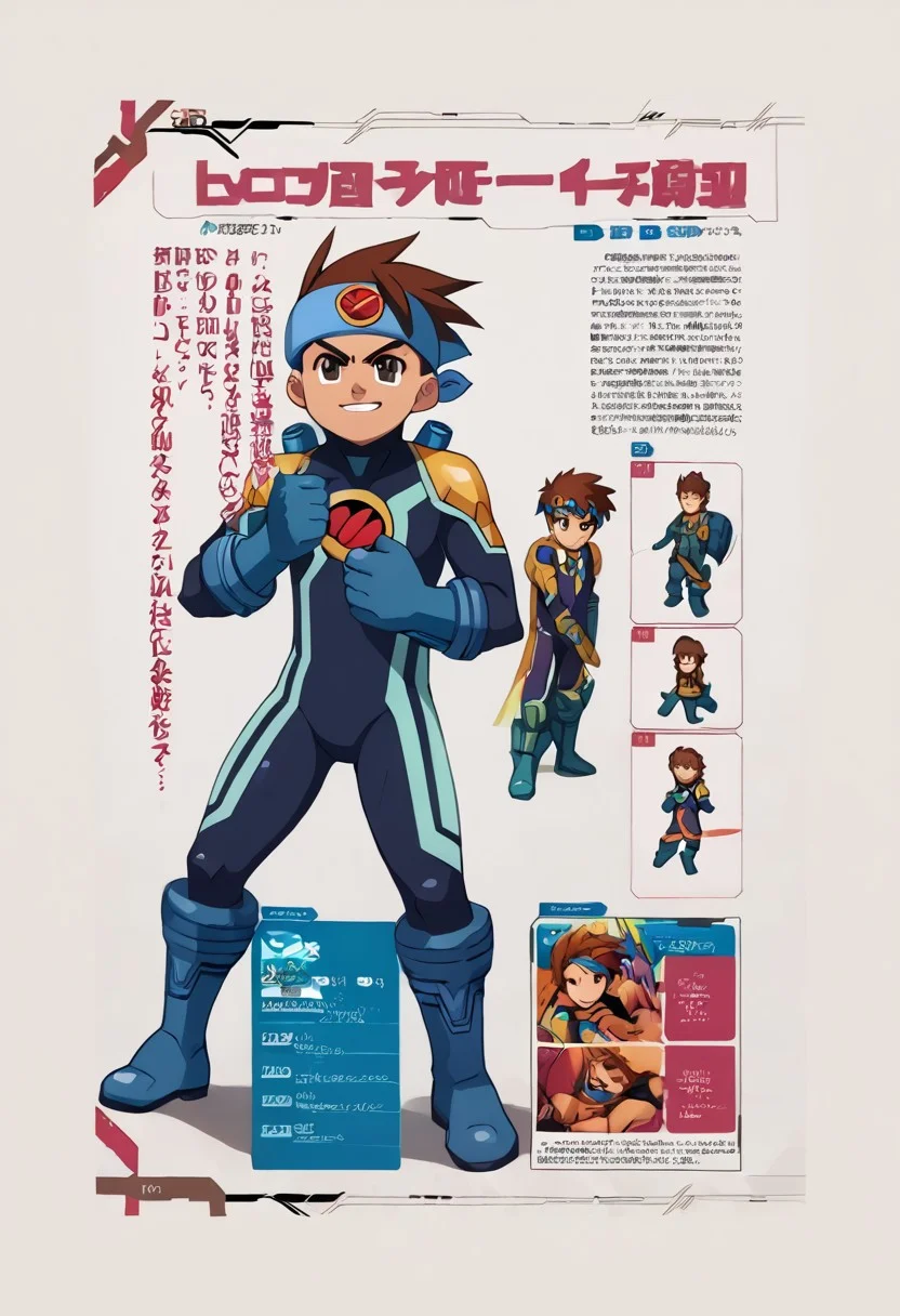 score_9, score_8_up, score_7_up, source_anime, BREAK
<lora:TaimaninCC_Pony_V1:0.8>taimanincc, 1 boy, Solo Focus, character profile title text, ((Simple background)), white background,
fighting stance:1,
full body,
smug, looking at viewer, mature man, Thumbs up,
cowboy shot,full body,
lan hikari, brown hair, brown eyes, lan hikari, brown hair, brown eyes, headband, bodysuit, blue gloves, blue boots