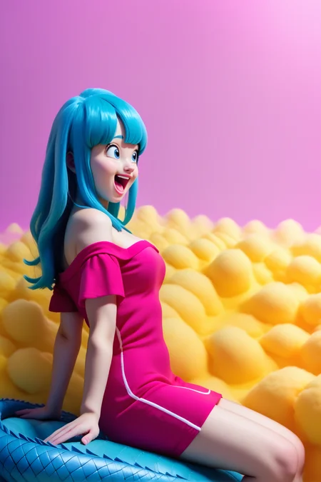 score_9, score_8_up, score_7_up, score_6_up, score_5_up,score_4_up, maron, 1girl,solo, aqua hair, blue eyes, bangs, long hair,pink short dress, off shoulder, short sleeves, snakeway, yellow cloud, pink sky,scales,road, happy, open mouth, from side, sitting, seiza,realistic,(kneeling:0.6), 3d,looking up, <lora:MaronPony:1> <lora:OtherworldPony:1>