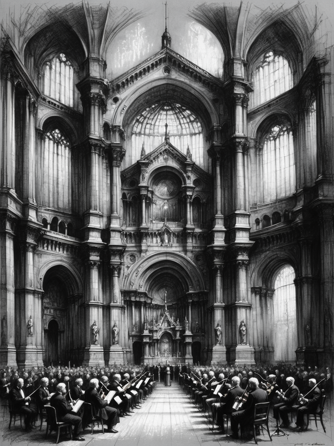 The interior of a grand cathedral with all the architectural details, but filled with a symphony orchestra playing classical instruments alongside electric guitars <lora:Renaissance_Drawing:0.8>,<lora:EnvyBetterHiresFixXL01:0:hr=1>