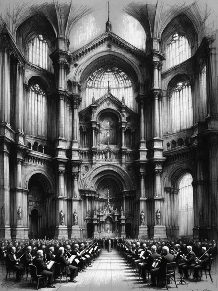 The interior of a grand cathedral with all the architectural details, but filled with a symphony orchestra playing classical instruments alongside electric guitars <lora:Renaissance_Drawing:0.8>,<lora:EnvyBetterHiresFixXL01:0:hr=1>
