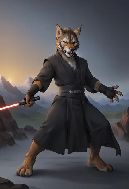 (((Barefoot furry character, full body, cinematic setting, furry male, plantigrade)))
Brawny (((Alin))) wearing sith outfit, black robe, sith robe, wielding red lightsaber, fingerless gloves, (((nice detailed feet paws))), fight stance, dynamic pose, dynamic angles, action, tension, ((mountain setting, rocks setting))
BREAK, masterpiece, ((detailed background)), ((dynamic background)), 8K, (masterpiece:1.5), intricate details, highly detailed, extreme detail, octane render, unreal engine, ((anime art)), best quality, highres, (detailed face:1.5), ((full_body)), UHD, (((perfect hands))), low light
