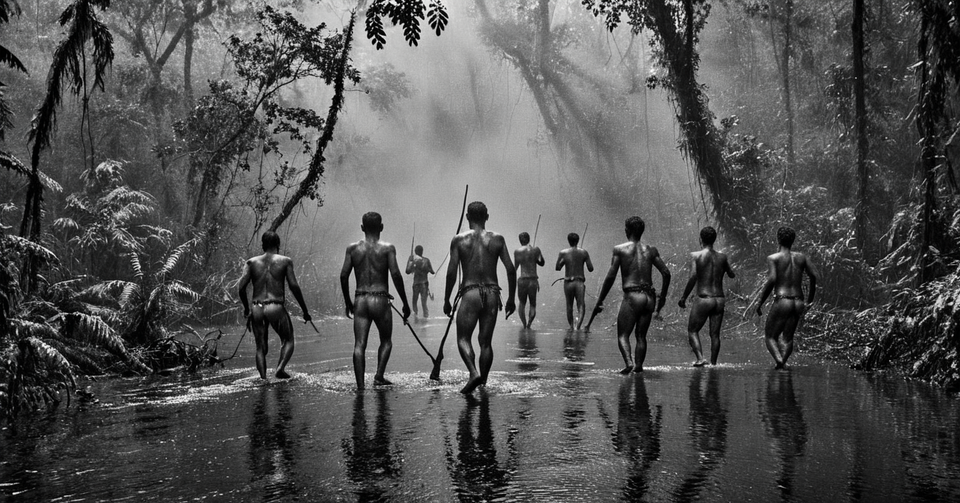 black and white photograph of few indigenous people hunting in the amazonian rain forest, insane details, dramatic lights, high definition, 35mm camera, film photography style, heavy grain, ral-chrosc-bw, masterpiece, national geographic style, strong vignette, high contrast