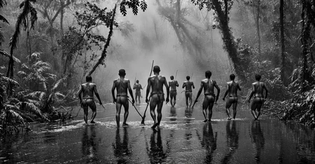 black and white photograph of few indigenous people hunting in the amazonian rain forest, insane details, dramatic lights, high definition, 35mm camera, film photography style, heavy grain, ral-chrosc-bw, masterpiece, national geographic style, strong vignette, high contrast