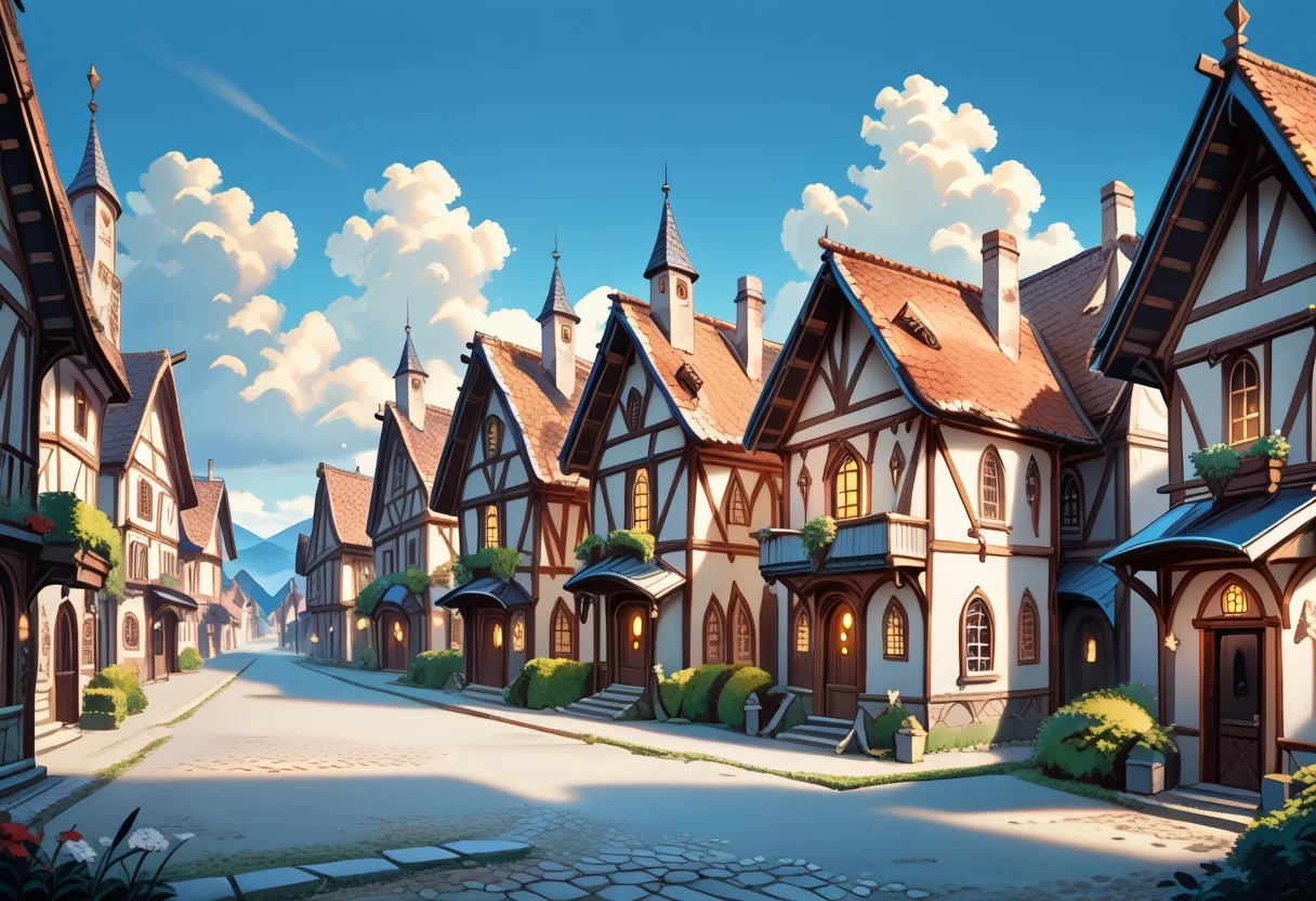 score_9, score_8_up, score_7, chromed, mevicab, scenery, village, houses, townhouses, square, reddish night, two moons in the background