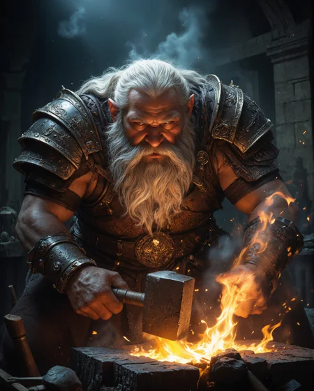 This image depicts a dwarf blacksmith at work in what appears to be a traditional dwarven forge, captured in a moment of intense focus and craftsmanship. The scene is dramatically lit by the burning forge, creating a striking contrast between the warm, fiery glow and the cooler, darker tones of the surrounding workshop. The dwarf himself is portrayed with classic fantasy dwarven features - a long, flowing beard that appears almost golden in the forge light, and long white-grey hair that falls past his shoulders. He is bent over his work in deep concentration, his face illuminated by the flames below, creating dramatic shadows that emphasize his weathered features and furrowed brow. His attire reflects both his craft and his culture. He wears elaborate armor or work gear with intricate dwarven patterns etched into the shoulder pieces and chest. The armor appears to be a combination of leather and metal scales, practical for forge work while maintaining the ornate aesthetic associated with dwarven craftsmanship. The details of the armor's engravings are particularly visible where they catch the light from the forge. The workshop environment is rich with detail. The background shows what appears to be a traditional dwarven stone chamber with architectural elements visible in the shadows. Various tools and implements of the blacksmith's trade are scattered around the workspace, and ornate dwarven designs can be seen carved into the stone walls and structures around him. The most dynamic element of the image is the forge itself, rendered with intense oranges and yellows that suggest extreme heat. Sparks and embers float upward around the scene, creating a sense of active work and energy. The hammer in the dwarf's hands appears to be coming down on his work, and the way the fire flares up suggests he's in the middle of shaping something significant. The lighting is particularly noteworthy, with the forge providing the primary light source that creates strong contrasts throughout the scene. The fire casts a warm glow that highlights the dwarf's beard and armor while leaving the background in cooler, blue-green shadows. This lighting creates a sense of depth and atmosphere while emphasizing the magical or mystical quality often associated with dwarven metalworking. The technical execution of the artwork shows careful attention to materials and textures - from the way light plays off the metal surfaces to the rough stone walls and the organic flow of the dwarf's hair and beard. The color palette is rich but controlled, dominated by the warm oranges and yellows of the forge fire contrasting with the cooler tones of the surrounding workshop. There's a strong sense of movement and energy in the composition, despite it being a single frozen moment. The flying sparks, the dwarf's posture, and the flaring forge fire all contribute to making the scene feel alive and dynamic. The overall mood is one of focused craftsmanship and ancient tradition, capturing the essence of dwarven culture's legendary connection to metalworking and forge craft. The attention to detail in both the character and the environment creates a convincing glimpse into a fantasy world's interpretation of dwarven crafting traditions, making the scene feel both magical and grounded in the practical aspects of metalworking.