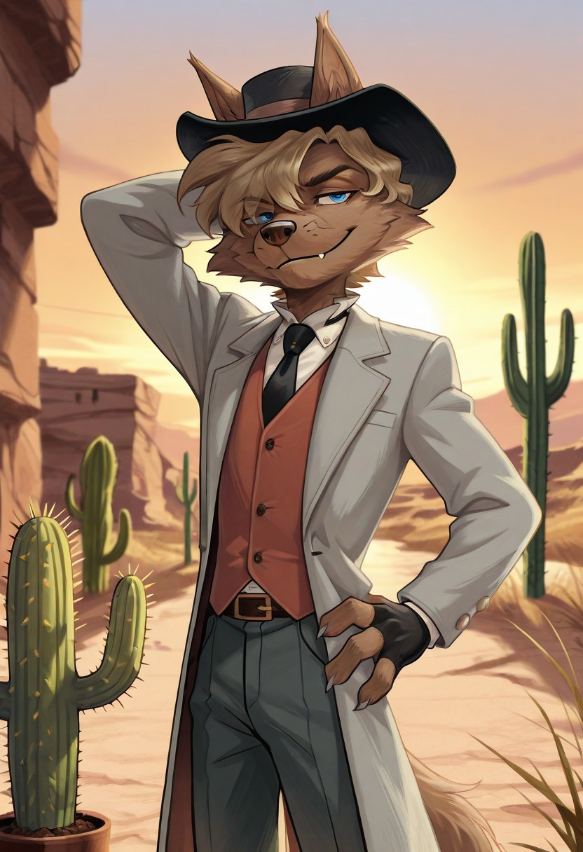 detailed background, detailed fur, cowboy shot, solo, 1boy, mid adult,  ProfessorGaon, wolf, blue eyes, smirk, head movement, western scenery, western background, outdoors, cactus, hand behind head, hand on hip, sunset, detailed scenery, gray jacket, red vest, white dress shirt, black hat, black tie, gray pants, masterpiece, best quality, amazing quality, absurdres, newest, high res, ultra detailed, best quality, best artwork, detailed eyes, (eyes focus), perfect eyes, big iris, pupils visible, 4k, ultra quality, perfect face