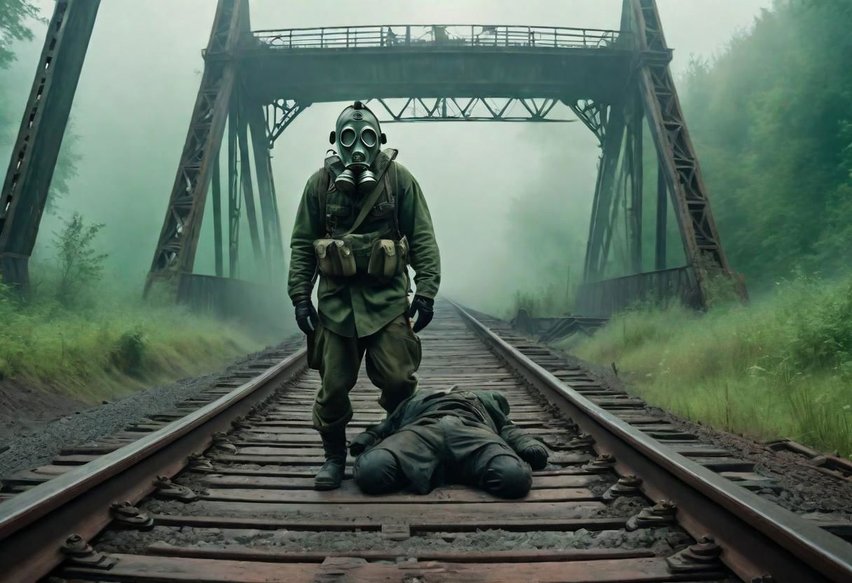 A man in a gas mask crosses a railway bridge, people lie on the ground, thick green fog surrounds the scene, post apocalyptic, scary, high detail, 8k