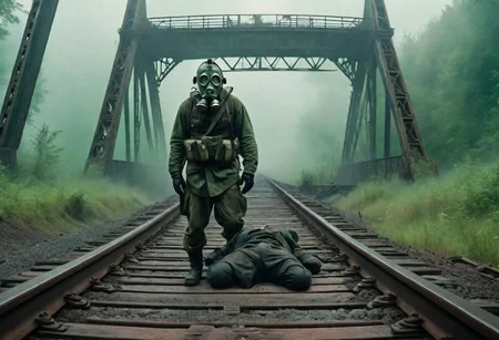 A man in a gas mask crosses a railway bridge, people lie on the ground, thick green fog surrounds the scene, post apocalyptic, scary, high detail, 8k
