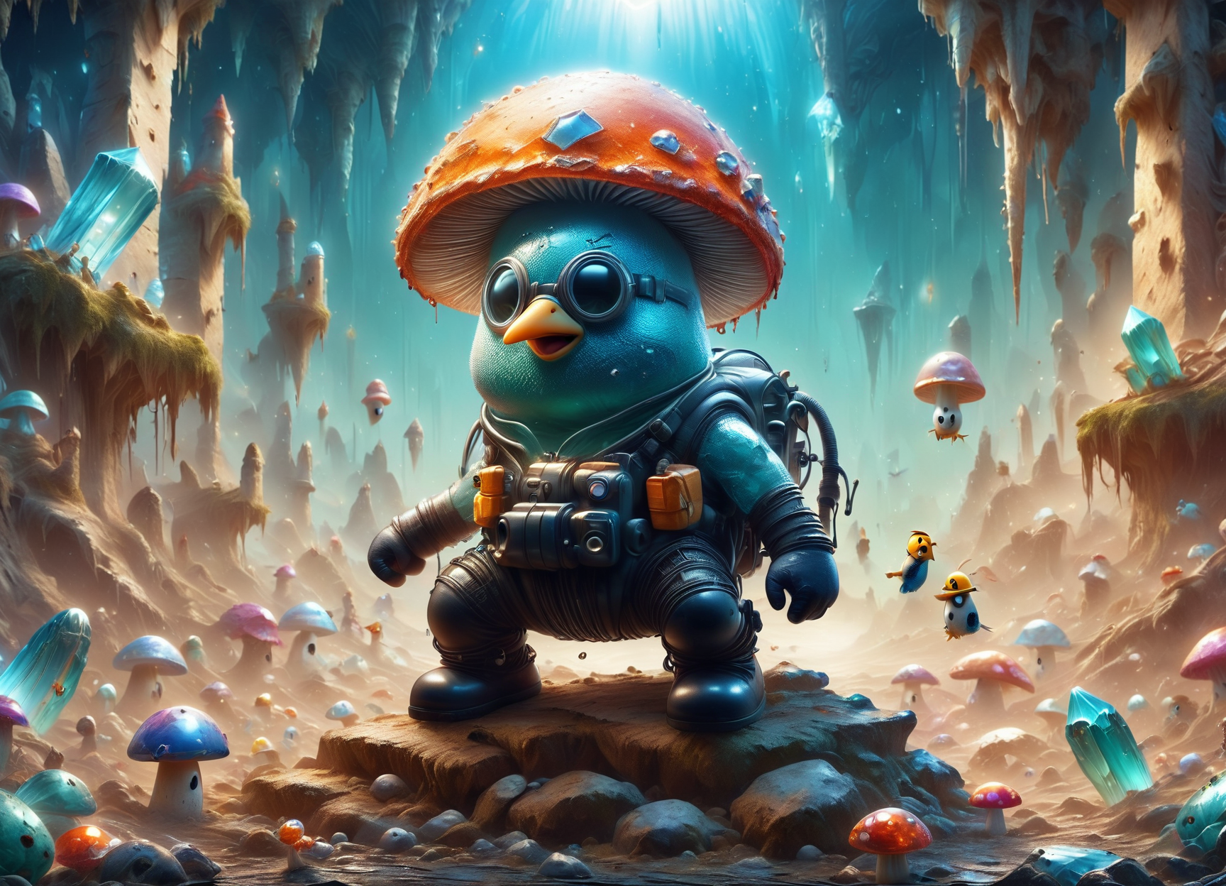 DonM5hr00mKn1gh7XL solo, shroom guy,priest , crystal caves, civic center,marsh birds,scuba gear <lora:DonM5hr00mKn1gh7XL-pony:1>