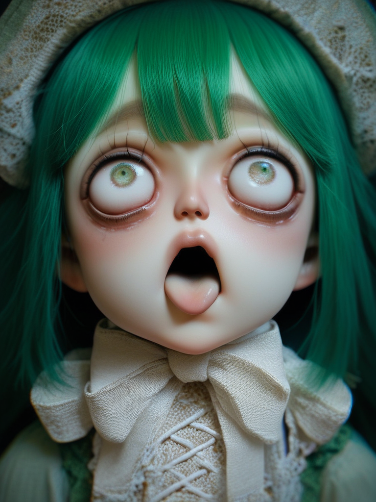 score_9,score_8_up,score_7_up,source_anime,rating_questionable,1girl,<lora:creepydoll:1>,doll,face focus,huge eyes,green hair,bangs,ahegao,