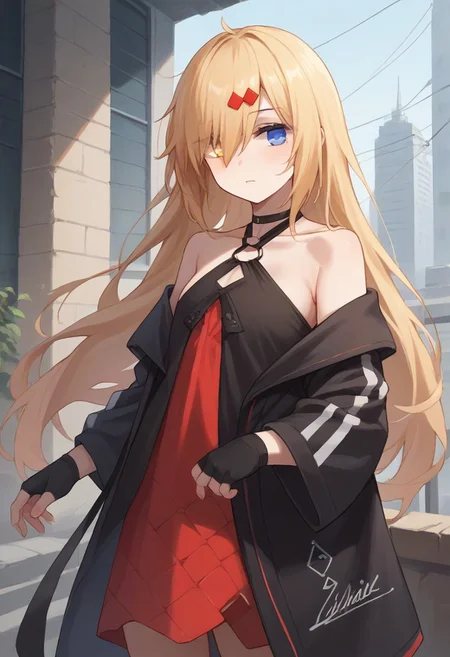 score_9, score_8_up, score_7_up, source_anime, BREAK
standing, blonde hair, heterochromia, blue eyes, yellow eyes, mg36, long hair, hair over one eye, hair ornament, fingerless gloves, choker, off shoulder, dress, halterneck