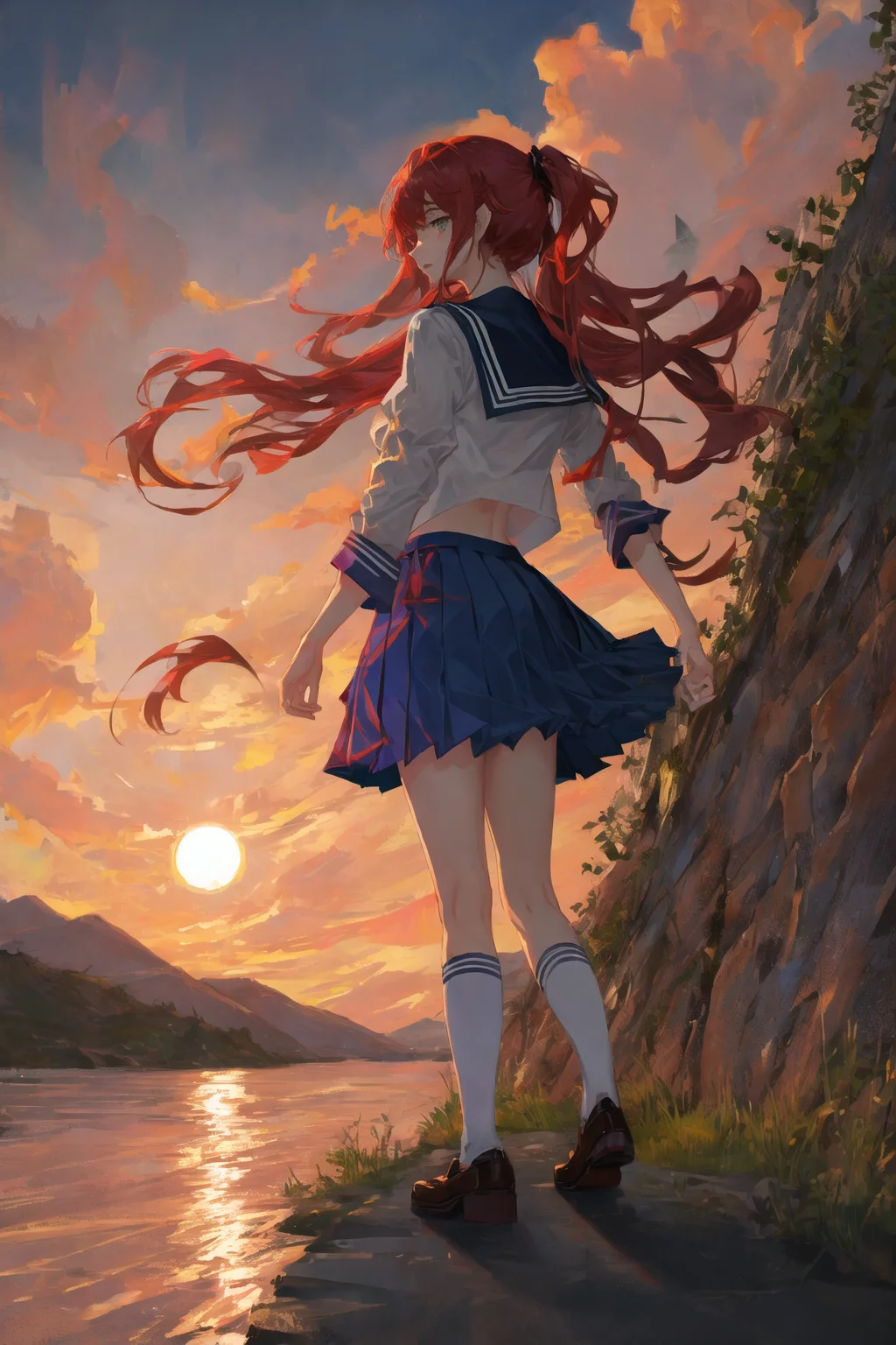 art by Cornflower, dreamy, <hypernet:Cornflower_Phantom:1.0>
(1girl, cloud, cloudy_sky, evening, flower, gradient_sky, horizon, long_hair, looking_at_viewer, mountain, orange_sky, outdoors, pleated_skirt, red_sky, scenery, school_uniform, serafuku, short_sleeves, sky, solo, standing, sun, sunset, twilight, wind)<hypernet:yukoring:0><lora:Cornflower-000001:0>