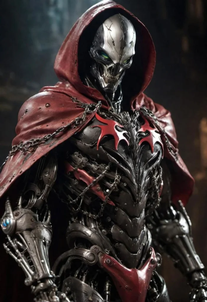 a photograph of spawn, balanced composition, made of black goo, (weathered patina:1.2), black costume, animated red cape made of liquid, "M" on chest, chains, moody lighting, cinematic, complex robot, biomechanical, hyper detailed <lora:compb0t:0.5> <lora:Spawn:0.8> comprobo