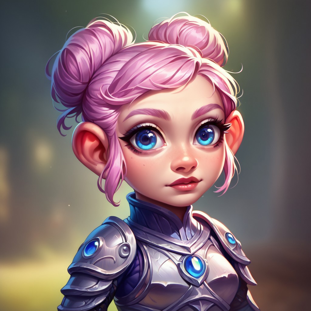 (((detailed, beautiful, high quality))), score_9, score_8_up, score_7_up, upper body, 
Gnome, short stature, shortstack, big eyes, big ears,
1 girl, pink hair, bun hairstyle , blue eyes, silver armor,
looking at the viewer, posing, 
blurred background, fantasy background, rustic background,