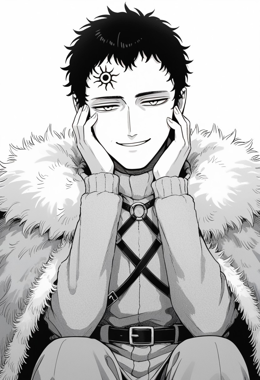 score_9, score_8_up, score_7_up, lucius zogratis, messy short hair, smug smile, forehead mark, furry robe, straps, fur cape, fur mantle, middle body,sitting, hanf against face, resting, thinking face, eyes almosy closed, ((solo)), manga, black and white, lineart, lines, monochrome, adult, man, man on his 40s