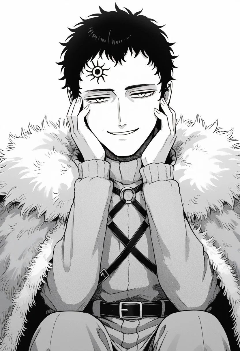 score_9, score_8_up, score_7_up, lucius zogratis, messy short hair, smug smile, forehead mark, furry robe, straps, fur cape, fur mantle, middle body,sitting, hanf against face, resting, thinking face, eyes almosy closed, ((solo)), manga, black and white, lineart, lines, monochrome, adult, man, man on his 40s