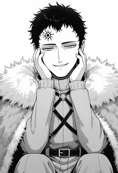 score_9, score_8_up, score_7_up, lucius zogratis, messy short hair, smug smile, forehead mark, furry robe, straps, fur cape, fur mantle, middle body,sitting, hanf against face, resting, thinking face, eyes almosy closed, ((solo)), manga, black and white, lineart, lines, monochrome, adult, man, man on his 40s