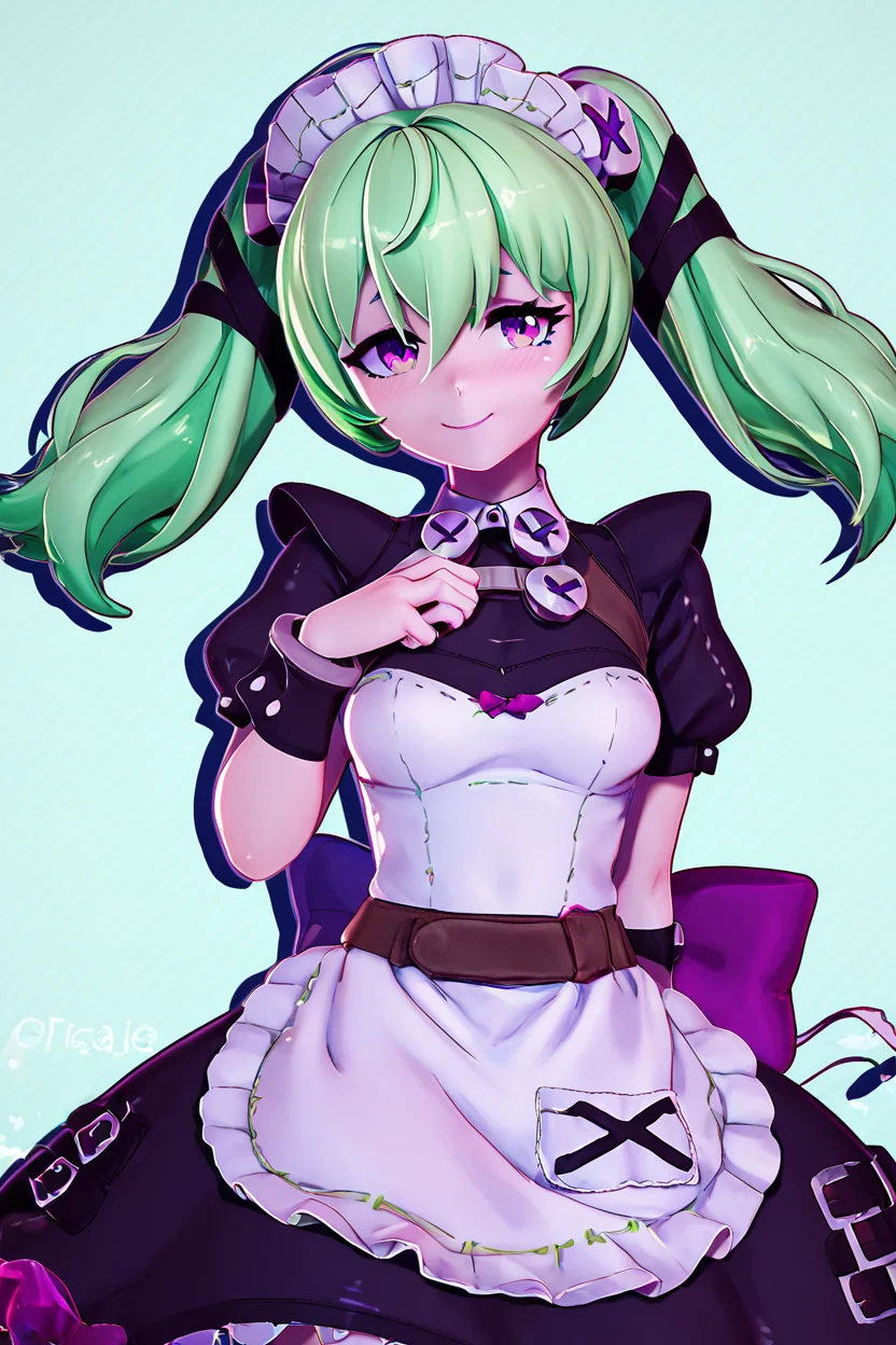 score_9, score_8_up, score_8, medium breasts, (curvy), cute, eyelashes, BREAK, , BREAK, <lora:corin_wickes_PDXL:0.8>, corin wickes, 1girl, green hair, purple eyes, hair between eyes, twintails, maid headdress, puffy short sleeves, black positive:BREAK, dress, white apron,, <lora:Zy0n7_PDXL:1.0>, , BREAK, smile, looking at viewer, cowboy shot, embedding:zPDXL, Expressiveh, <lora:SDXLFaeTastic2400:0.5>, <lora:Expressive_H-000001:0.4>,