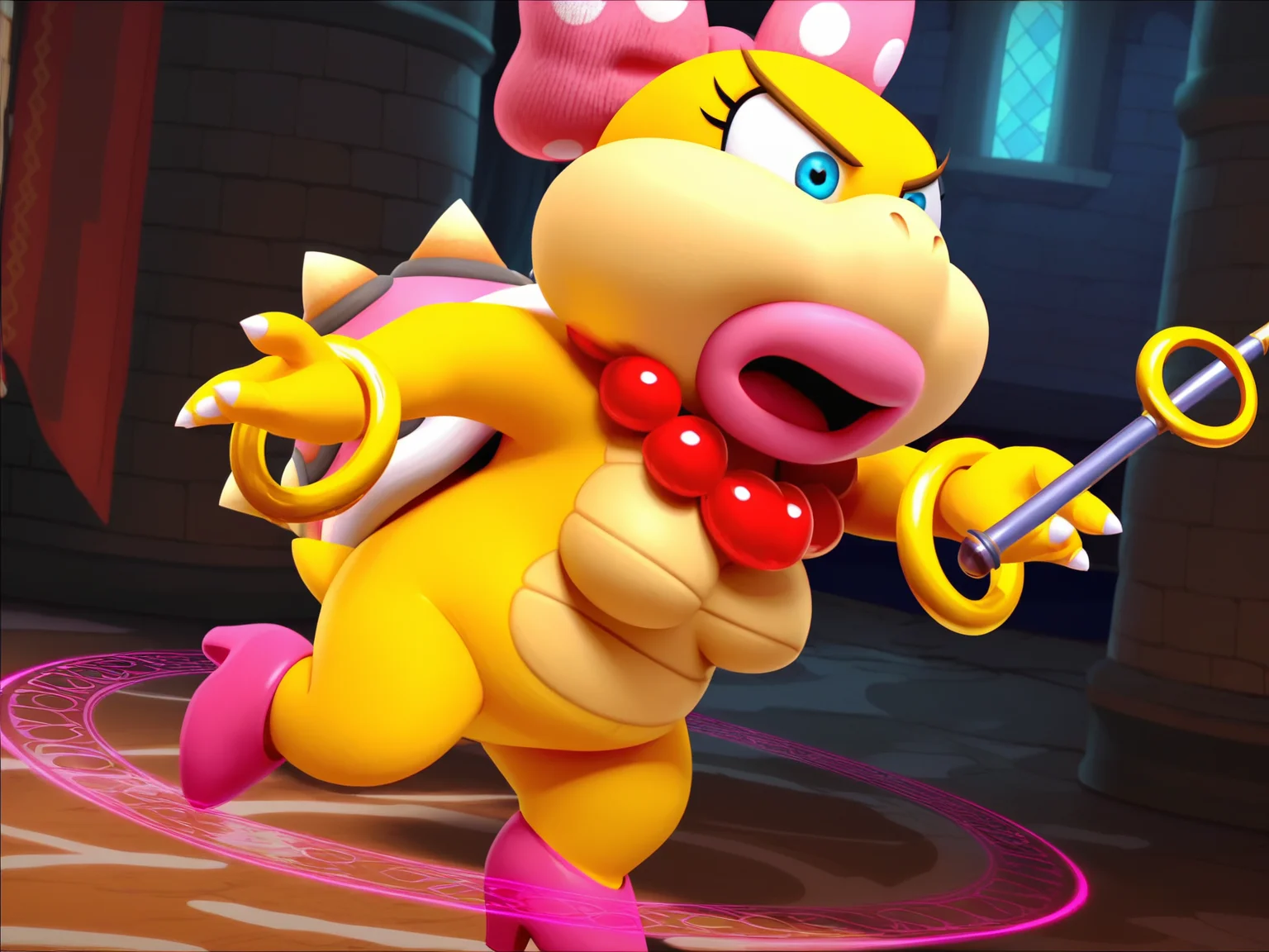 Score_9, score_8_up, score_7_up, score_6_up, BREAK
castle, indoors, 1girl, solo, screencap
<lora:Wendy_O._Koopa_In-game_3D_model:0.8> wendy koopa game, blue eyes, yellow skin, tan skin, polka dot bow, pink lipstick, beaded pearl necklace, gold bracelets, spiked shell, pink heels, sharp fingernails, breasts, holding wand, magic circle, open mouth
