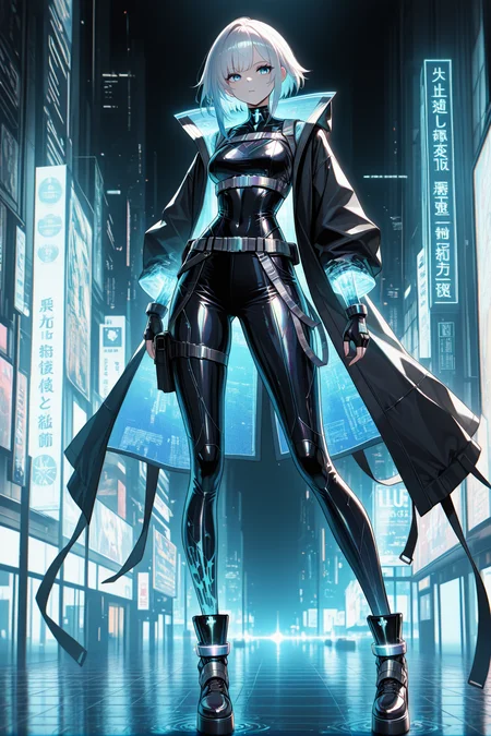masterpiece, best quality, amazing quality, very aesthetic, absurdres, newest, volumetric lighting,
HoloMinimal,
1girl, solo, full-body shot, cyberpunk-meets-high-tech street fashion, short asymmetrical white hair with vibrant holographic blue streaks, glowing silver-blue eyes, sleek tactical black coat with torn cyber-mesh underlayers, high-tech reinforced belt with neon buckle, armored fingerless gloves with plasma-etched circuitry, skintight black pants with luminous energy seams, ultra-high platform boots with metallic sheen, subtle digital glitch effects surrounding her, standing on a neon-lit wet city street, sci-fi holographic billboards reflecting on her outfit, dynamic pose, anime-style ultra-sharp detail, cinematic lighting with moody contrast,
,masterpiece, best quality, amazing quality, very aesthetic, absurdres, newest, volumetric lighting,
, <lora:Holo_Style:0.8>,