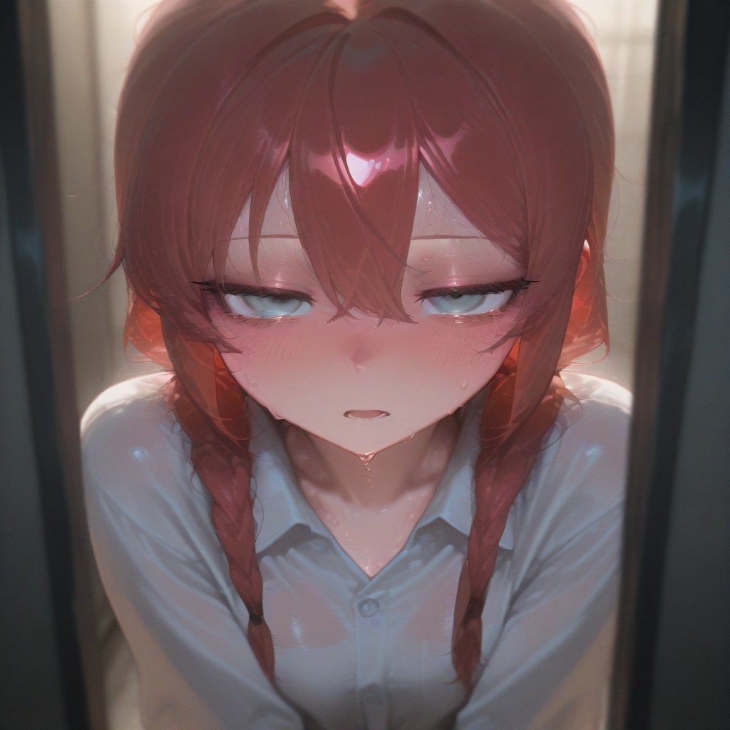1girl, solo, emotionless, tear, sweat, shameful, blush, masterpiece, opened mouth, sleepy, best quality, pigtail hair, white dress shirt, red hair
