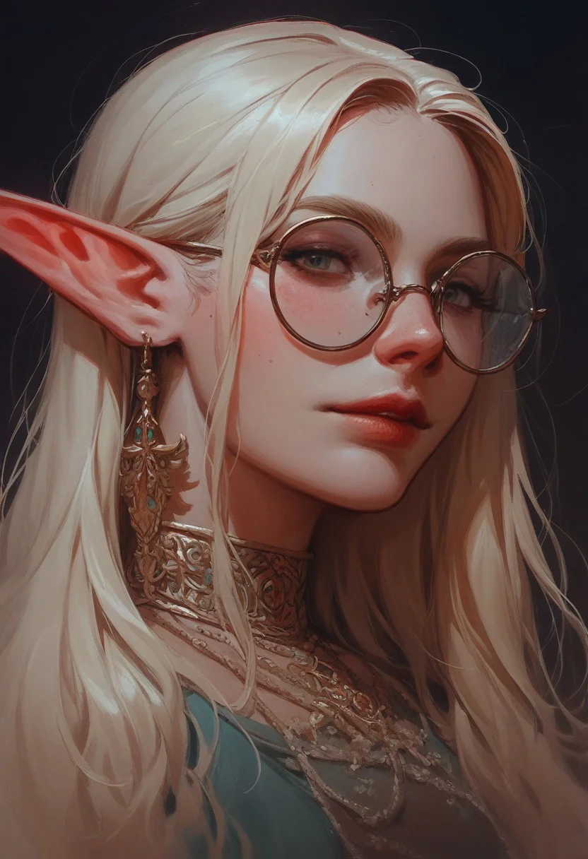 score_9, score_8_up, score_7_up, score_6_up, aesthetic, portrait, close up, (young girl), art, dark background, fantasy art, medieval ethnic clothing, lots of belts, bracelets, jewelry. Warm colors. She is an engineer, epic pose. blonde, elf, round glasses