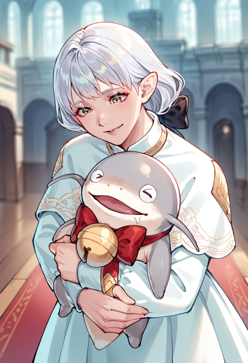 artist:, indoors,mansion,1girl hugging 1other BREAK
<lora:namazuIL4:1>1other,namazu,drooling,no humans,collar,bell,hug,
<lora:amelustiousv2:0.6>ameliance,mature female,bow,white hair,brown eyes,bangs. Ameliance hugging a namazu. ameliancedress,capelet, looking down masterpiece, best quality, good quality, newest, very awa, absurdres, highres,  <lora:spo_sdxl_10ep_4k-data_lora_webui:0.7>,