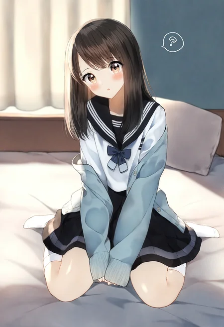 <lora:penta1_noob1.1-000139:0.9>,
1girl, black sailor collar, skirt, solo, black skirt, white shirt, open clothes, shirt, socks, brown eyes, blush, white socks, looking at viewer, sailor collar, pleated skirt, open cardigan, ?, cardigan, sleeves past wrists, school uniform, wariza, sitting, long sleeves, bow, no shoes, indoors, parted lips, serafuku, on bed, long hair, blurry background, curtains, blurry, pillow, black hair, bed, depth of field, :o, off shoulder, grey cardigan, head tilt, brown hair, bed sheet, blue cardigan,
masterpiece,best quality,newest,absurdres,highres,very awa,