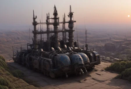 Avali metal, wires, tech, futuristic, highly detailed, sunrise, (Encountering mythical beasts) (Amongst manticores and chimeras), score_9, score_8_up, score_7_up, score_6_up, score_5_up, score_4_up, adorable, beautiful, beautiful landscape, futuristic, hyper detailed, jagged rocks and cliffs, big structures, dark and gloomy, crashed spaceship, wreckage, overgrown, moss