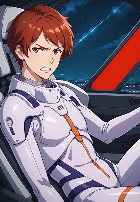 score_9, score_8_up, score_7_up, source_anime, cowboy shot, side view, BREAK, ( lane_aim, brown eyes, auburn hair, best eyes, looking to the side, old pilot suit, serious expression, gritted teeth, mouth slightly open, ) 1boy, male focus, solo, BREAK, cockpit, dark, night sky,
