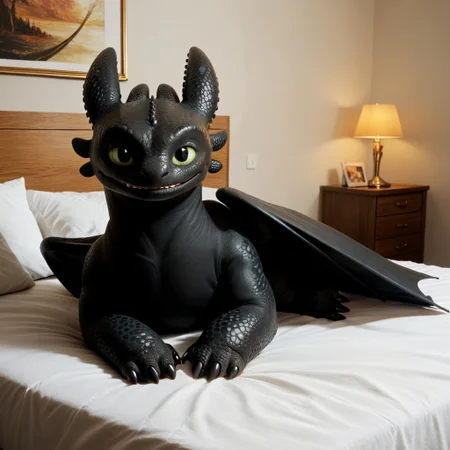 score_9, score_8_up, score_7_up, score_6_up, score_5_up, score_4_up, masterpiece, high quality, realistic, detailed, best quality, white bed, solo, rating_safe, source_furry, bedroom, smiling, seductive pose, lying on belly, looking at viewer, on bed, toothless_httyd, dragon, night_fury, black scales, wings, tail, claws, male, 1boy, green sclera, black pupils, closeup, feral