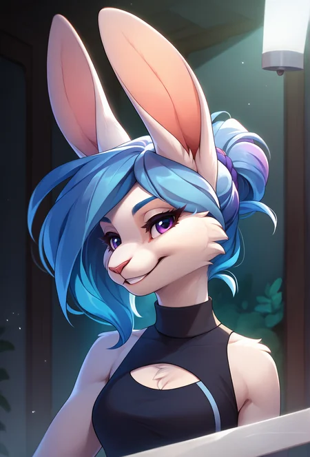 score_9, score_8_up, score_7_up, score_6_up, score_5_up, score_4_up, <lora:fluffkevlar_style_ponyXL_v1:1.0>, rating_safe, source_furry,
1girl, rabbit, smile