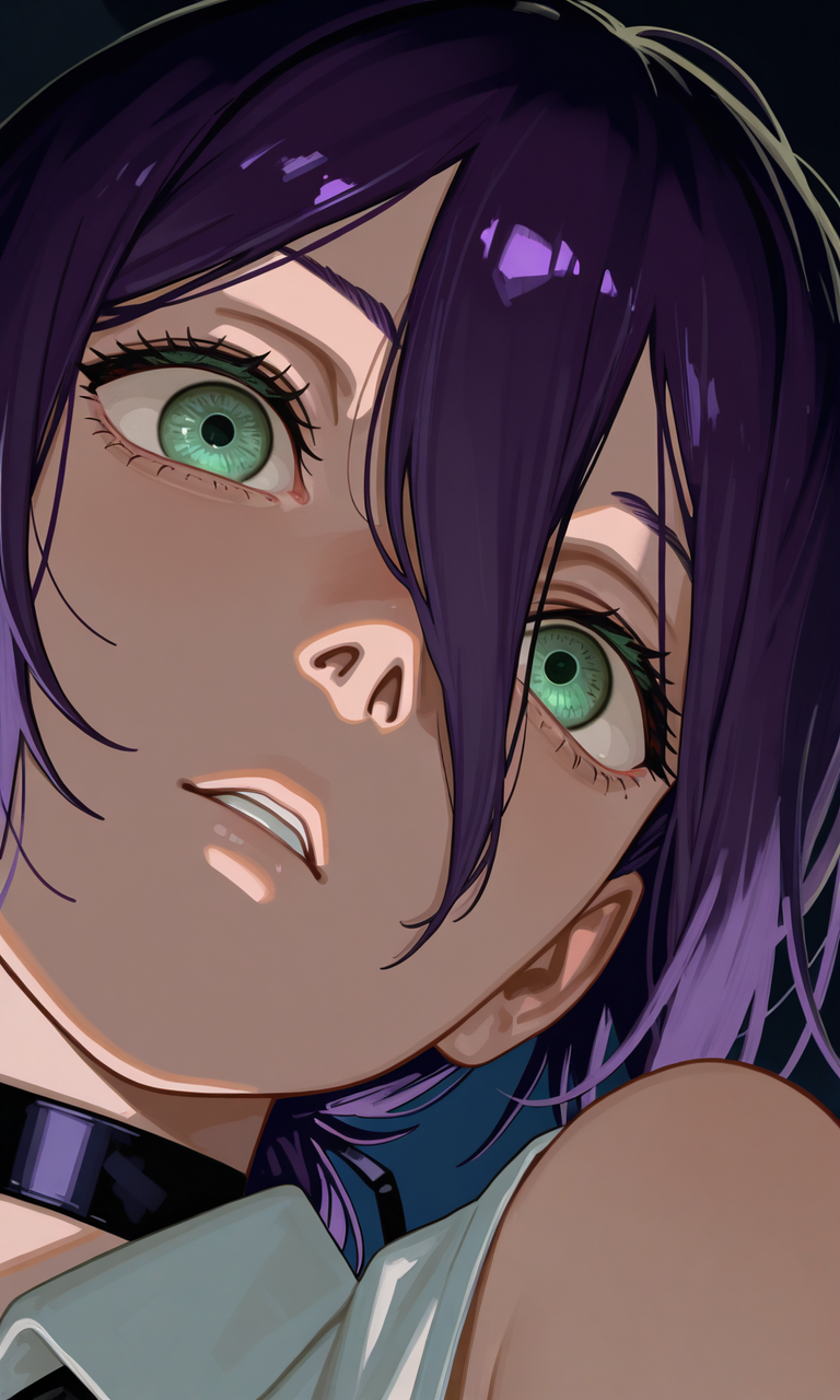 embedding:IllusP0s, sa1t, painterly, (close-up:1.3), eye focus, reze_\(chainsaw_man\), purple hair, green eyes, choker, sleeveless, white shirt, black ribbon, contrast lighting, parted lips, dark room, low angle, head tilt, night,<lora:sait.safetensors:1.3:1.3>