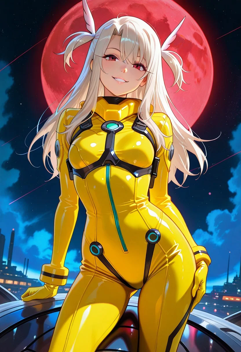 snegovski_style, CHAjott64_Style, hunn1bunn1 art style, (((illyasviel_von_einzbern)),1girl, full body, 1girl, solo female, mature female, full body, contrapposto,) (silver hair, red eyes, long hair, beautiful detailed red eyes, weird hair, evil smile, eyelashes, medium_breasts, (realistic:1), best quality, beautifully detailed face, can't be this cute, girl on top, delicate facial features, clean face, looking_at_viewer, ray tracing, DOF,HDR, hand_on_hip, two_side_up, standing, cowboy_shot,) (yellow suit, yellow pilot suit, yellow jumpsuit, yellow bodysuit, jacket, tactical gear, fully clothed, ) (outdoors, (night:1.1), glowing red moon background, planet in background, science fiction background, background, outdoor, space opera background, glowing, red moon, space ship background, space colony background, ilya kuvshinov, official art, futuristic background, colony drop background, space war background, mecha in background, fantasy background,) long hair, white hair, red eyes,patternbodysuit, bodysuit,Space Battle (blurry background, depth of field, bokeh:0.9)