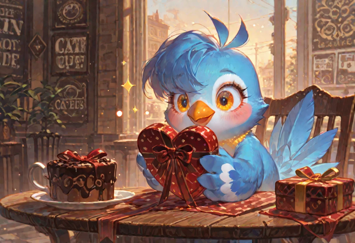 artist:kawacy, cutie bird, cafe, masterpiece, best quality, amazing quality, very aesthetic, absurdres, newest,
valentine's gift, golden hour glow,